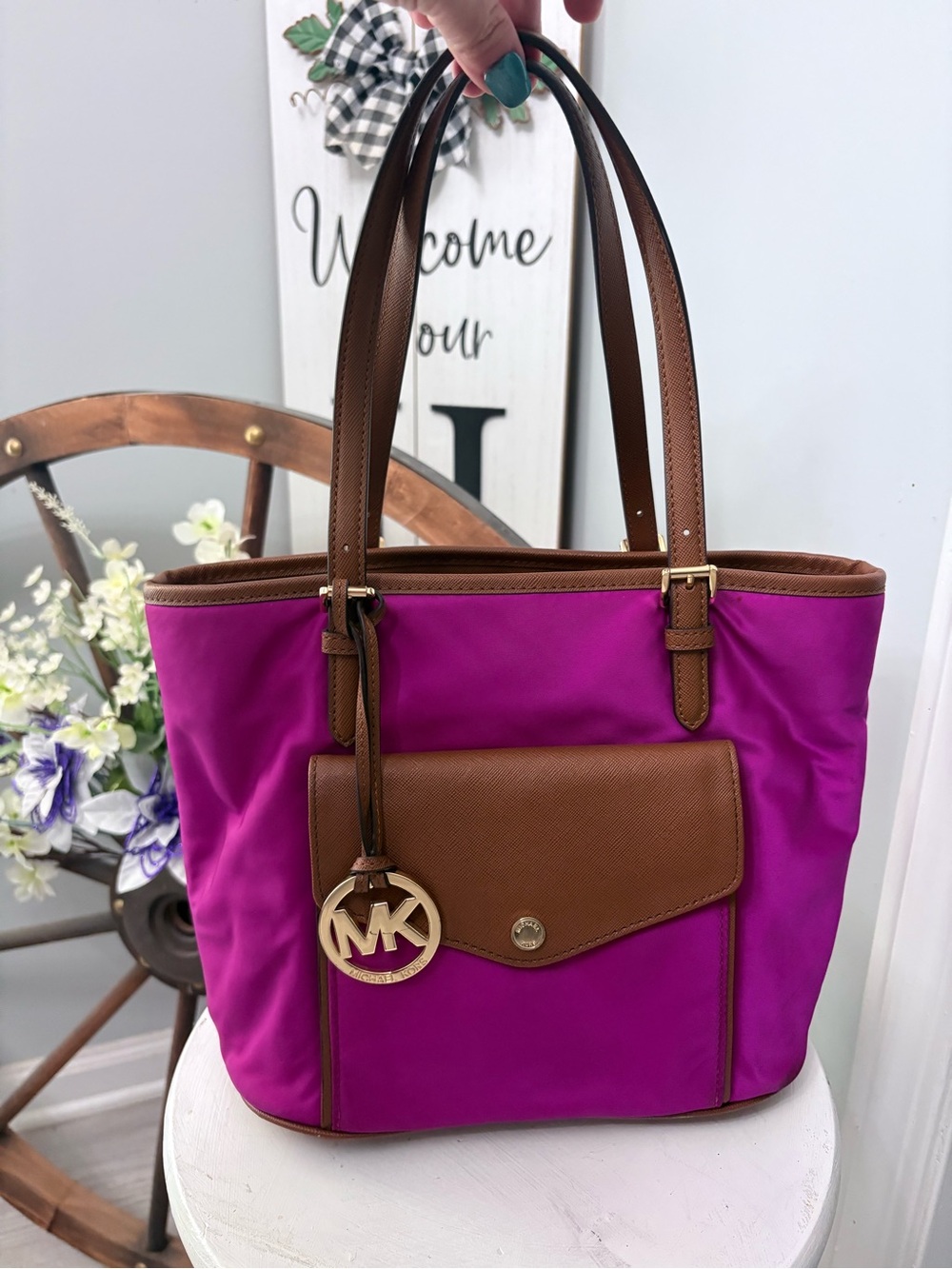 Michael Kors Fuchsia Nylon Tote with Brown Leather Trim: Small tote